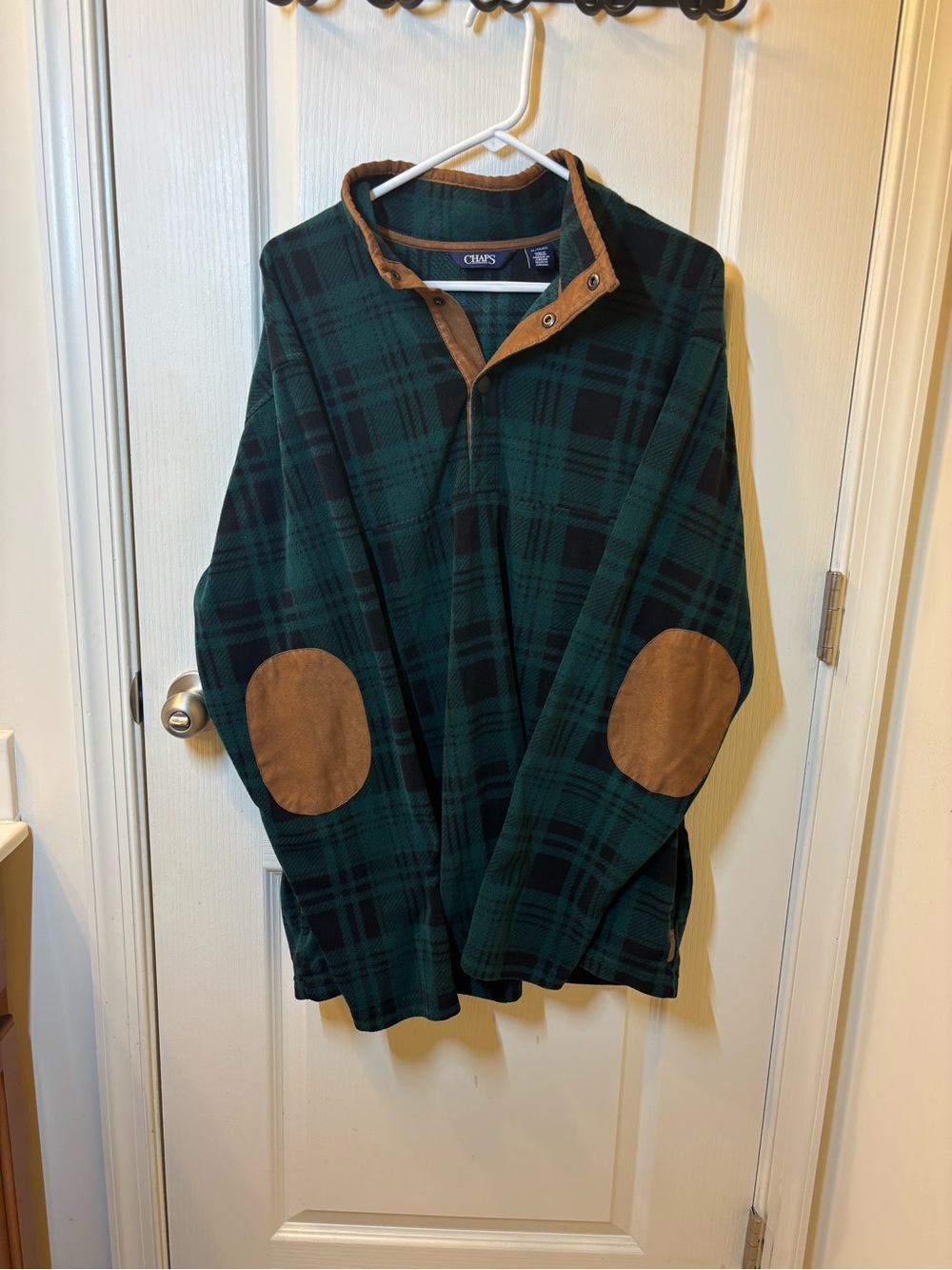 Chaps Plaid Fleece Pullover Sweater Mens Size XL Green Mock Neck Snap Button
